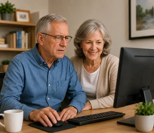 Caregiver helping husband with aphasia speech therapy app